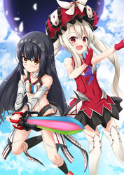  2girls :d absurdres altera_(fate) altera_(fate)_(cosplay) black_hair commentary_request cosplay covered_navel drill_hair fate/grand_order fate/kaleid_liner_prisma_illya fate_(series) gloves highres illyasviel_von_einzbern long_hair marie_antoinette_(fate) marie_antoinette_(fate)_(cosplay) midriff miyu_edelfelt morokoshi_(tekku) multiple_girls navel open_mouth photon_ray_(fate) photoshop_(medium) red_eyes sleeveless smile sword twin_drills veil weapon white_hair yellow_eyes 