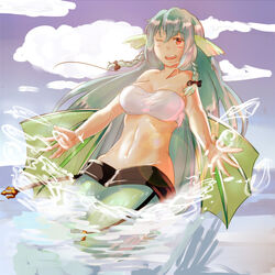  ;d bandeau bare_shoulders blue_hair blush bow braid breasts cloud day female fins green_hair hair_ribbon hairbow head_fins imageboard_desourced large_breasts lens_flare long_hair lowleg mermaid midriff monster_girl monster_girl_encyclopedia non-web_source ocean one_eye_closed open_hands open_mouth outdoors red_eyes ribbon sea_bishop sky smile solo splashing strapless tthal tube_top twin_braids very_long_hair water 