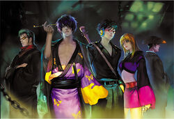  4boys bad_id bad_pixiv_id crop_top elna eyepatch female gintama glasses gun handgun hat headphones highres instrument japanese_clothes kawakami_bansai kijima_matako kimono kiseru midriff multiple_boys navel nizou_okada photoshop_(medium) revolver smoking_pipe sunglasses sword takasugi_shinsuke takechi_henpeita weapon 