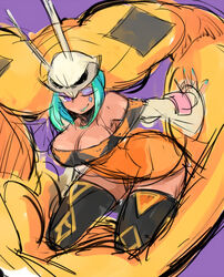  aqua_hair aqua_lips bare_shoulders breasts cerebella_(skullgirls) cleavage commentary_request dark_skin detached_sleeves dress eyeshadow female hat large_breasts lipstick living_clothes looking_at_viewer makeup notoro one_eye_closed purple_background short_dress short_hair skullgirls smile thighhighs vice-versa_(skullgirls) 