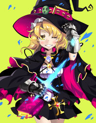  ;) bad_id bad_pixiv_id blonde_hair blush book female gauntlets grin hat holding kirisame_marisa long_hair looking_at_viewer one_eye_closed photoshop_(medium) smile solo takezaka_tarou touhou witch_hat yellow_background yellow_eyes 