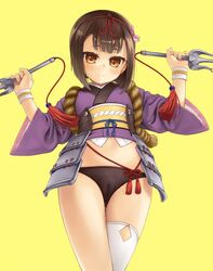  armor arms_up black_panties brown_eyes brown_hair cameltoe commentary_request dual_wielding female flower_knight_girl hagi_(flower_knight_girl) holding japanese_armor japanese_clothes kimono kusazuri midriff no_pants obi panties purple_kimono rope sash short_hair short_kimono short_yukata single_thighhigh smile solo takanashi thighhighs underwear very_short_hair weapon white_thighhighs wristband yukata 