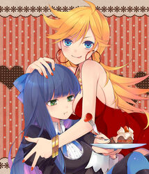  2girls :p :t ahoge bad_id bad_pixiv_id bare_shoulders blonde_hair blue_eyes blue_nails blush breasts cake dress earrings eating food green_eyes hair_ribbon highres jewelry large_breasts long_hair medium_breasts multicolored_hair multiple_girls nail_polish ocha_(hutuumikan) orange_nails panty_&amp;_stocking_with_garterbelt panty_(psg) plate red_dress ribbon siblings sisters stocking_(psg) striped_clothes striped_thighhighs thighhighs tongue tongue_out two-tone_hair 