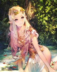  barefoot blonde_hair commentary_request day dress female head_wreath highres isaac_hein_iii kneeling lips long_hair on_ground original outdoors partially_submerged pointy_ears purple_eyes smile solo tree water 