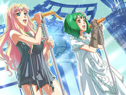  2girls blue_eyes brown_eyes commentary_request green_hair macross macross_frontier multiple_girls nishiwaki pink_hair ranka_lee sheryl_nome 