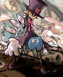  baseball_bat bow cigar commentary_request dress extra_eyes eye_socket female from_behind george_the_bomb gloves glowing glowing_eye grin hat looking_back mechanical_arms nail nail_bat notoro orange_hair peacock_(skullgirls) red_eyes sharp_teeth short_hair skullgirls smile smoke teeth top_hat weapon white_gloves 