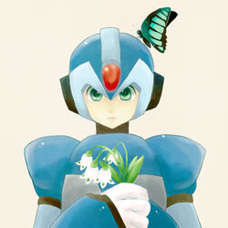  1boy android bug butterfly commentary_request flower holding holding_flower male_focus mega_man_(series) mega_man_x_(series) nagisawa_miimi snowbell_(flower) solo white_flower x_(mega_man) 