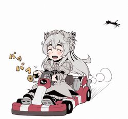  bike_horn butterfly_hair_ornament chaika_trabant chibi commentary_request driving female go-kart grey_hair hair_ornament hairband hitsugi_no_chaika honk_honk_(meme) ina_(gokihoihoi) lolita_hairband long_hair meme race_vehicle solo thick_eyebrows 