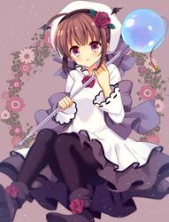  bad_id bad_pixiv_id black_footwear black_pantyhose bow brown_hair female floral_background flower grey_bow hair_flower hair_ornament hat highres lyric_(hina9111) pantyhose pita_ten purple_background red_eyes red_flower red_rose rose shia_(pita_ten) shoes short_hair sitting skirt smile solo staff white_skirt 