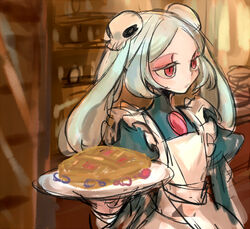  amulet apron bloody_marie_(skullgirls) cake commentary_request female food from_side grey_hair hair_ornament half-closed_eyes holding maid notoro plate red_eyes skull skull_hair_ornament skullgirls solo twintails 