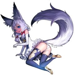  animal_ear_fluff animal_ears ass blade_&amp;_soul blue_eyes bow commentary commission ddongu dress elbow_gloves english_commentary female fox_ears fox_tail frilled_dress frills full_body gloves hairbow long_hair lyn_(blade_&amp;_soul) panties solo symbol-shaped_pupils tail thighhighs transparent_background underwear white_hair 