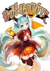  absurdres animal_ears aqua_eyes aqua_hair bat_(animal) black_thighhighs bow bowtie commentary_request female halloween happy_halloween hatsune_miku highres jack-o&#039;-lantern lang_yao long_hair nail_polish oerba_yun_fang open_mouth skirt solo thighhighs twintails very_long_hair vocaloid white_background 