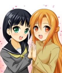  2girls asuna_(sao) black_hair brown_eyes brown_hair commentary_request da-mii green_eyes kirigaya_suguha long_hair multiple_girls school_uniform serafuku short_hair sweater sword_art_online 