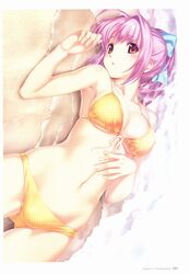  absurdres ahoge arm_up armpits ass_visible_through_thighs beach bikini blue_bow blush bow breasts cleavage day fanbook female fingernails from_above front-tie_bikini_top front-tie_top groin hair_intakes hair_ornament hairbow hand_on_own_stomach highres hinata_hanabi koutaro looking_at_viewer looking_to_the_side lying medium_breasts navel on_back outdoors parted_lips pink_hair ponytail raised_eyebrows red_eyes ribbon sand scan skindentation solo strap_gap surf swimsuit tropical_kiss underboob water yellow_bikini 