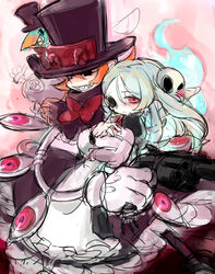  2girls apron avery_(skullgirls) bloody_marie_(skullgirls) blue_fire blush bow commentary_request dress extra_eyes eye_socket eyepatch fire george_the_bomb gloves grey_hair gun hair_ornament handgun hat heart holding maid mechanical_arms multiple_girls notoro orange_hair peacock_(skullgirls) red_eyes revolver sharp_teeth short_hair skull skull_hair_ornament skullgirls smile teeth top_hat twintails weapon white_gloves 