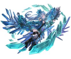  bare_shoulders black_thighhighs blue_dress blue_eyes blunt_bangs crystal detached_sleeves dress elbow_gloves erin_(granblue_fantasy) female full_body gloves granblue_fantasy grey_hair hair_ornament long_hair looking_at_viewer minaba_hideo official_art pointy_ears solo thighhighs transparent_background 