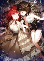  2girls absurdres bare_shoulders breasts brown_hair choker choker_over_clothes cleavage corset couple dress drill_hair eye_contact flower frills highres holding_hands interlocked_fingers lace long_hair long_skirt looking_at_another medium_breasts miniskirt mole mole_under_eye multiple_girls open_mouth red_eyes red_hair salt_(salty) scan short_hair shorts sita_vilosa skirt sword_girls vernika_answer yellow_eyes yuri 