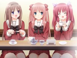  3girls :d ^_^ azumi_risa blue_eyes blush bow brown_hair closed_eyes cup flying_sweatdrops game_cg hair_ribbon hairbow kani_biimu kitajima_sara multiple_girls oda_nanami open_mouth red_hair ribbon school_uniform serafuku smile sono_hanabira_ni_kuchizuke_wo spoon st._michael&#039;s_school_uniform thighhighs twintails two_side_up 