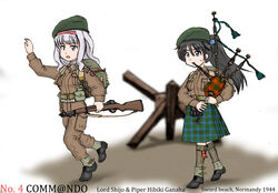  2girls backpack bag bagpipes beret blurry blurry_background commentary_request czech_hedgehog d-day ernest ganaha_hibiki gun hairband hat historical_event idolmaster idolmaster_(classic) instrument kilt m1_garand military military_uniform multiple_girls photoshop_(medium) ponytail rifle shijou_takane turtleneck uniform weapon world_war_ii 