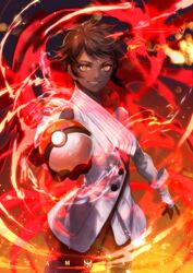  aura brown_hair candela_(pokemon) cowboy_shot dark-skinned_female dark_skin female fiery_background fingerless_gloves fire flaming_eyes gloves holding holding_poke_ball jacket long_sleeves looking_at_viewer oollnoxlloo pantyhose parted_lips poke_ball poke_ball_(basic) pokemon pokemon_go smile solo standing team_valor white_gloves yellow_eyes 