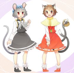  2girls accessories_switch animal_ears basket bow brown_eyes brown_hair capelet cat_ears cat_tail chen chen_(cosplay) chestnut_mouth commentary_request cosplay costume_switch dress ear_piercing earrings feline gem grey_dress grey_hair hat ibaraki_natou jewelry kitten long_sleeves mob_cap mouse_ears mouse_tail multiple_girls multiple_tails nazrin nazrin_(cosplay) necklace nekomata oerba_yun_fang open_mouth pendant piercing red_dress red_eyes shirt single_earring smile tail touhou 