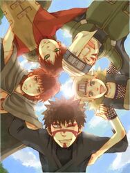  4boys 821seki baki_(naruto) blonde_hair brother_and_sister brothers brown_hair facepaint facial_mark fishnet_shirt gaara kankuro multiple_boys naruto naruto_shippuuden quad_tails red_hair sasori scar siblings sister smile temari wink 