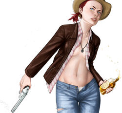  alcohol bad_id bad_pixiv_id blue_eyes bottle breasts denim fallout:_new_vegas fallout_(series) female gun handgun hat holding holding_bottle holding_gun holding_weapon jeans jewelry midriff necklace no_bra open_clothes open_fly open_shirt pants ponytail raikou_(yorimitsu) red_hair revolver rose_of_sharon_cassidy shirt small_breasts solo unbuttoned unzipped weapon whiskey 