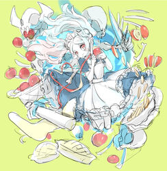  apple apple_pie apron basket bloody_marie_(skullgirls) blue_fire bone chopping commentary_request cooking dress female fire food fruit hair_ornament holding kneeling knife looking_at_viewer maid maid_headdress notoro peeling pie red_eyes rolling_pin skull skull_hair_ornament skullgirls solo twintails white_hair yellow_background 