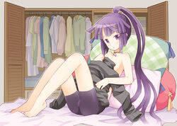  akatsuki_(log_horizon) b.tarou bad_id bad_pixiv_id barefoot bed bike_shorts clothes commentary_request female log_horizon long_hair looking_at_viewer photoshop_(medium) pillow ponytail purple_eyes purple_hair solo topless 