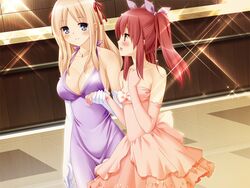  2girls :d blonde_hair blue_eyes blush breasts cleavage dress elbow_gloves formal game_cg gloves hair_ribbon jewelry kani_biimu large_breasts long_hair matsubara_yuuna multiple_girls necklace oda_nanami open_mouth pink_dress pink_gloves purple_dress red_eyes red_hair ribbon smile sono_hanabira_ni_kuchizuke_wo sparkle twintails white_gloves 