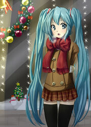  aqua_eyes aqua_hair arms_behind_back bow breath buttons christmas commentary_request female hatsune_miku kadomaki_shinnosuke long_hair open_mouth scarf sidelocks skirt snowman solo thighhighs twintails very_long_hair vocaloid wreath zettai_ryouiki 