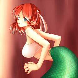  bandeau bare_shoulders blue_eyes breasts commentary_request female hair_ornament highres lamia large_breasts leaning leaning_forward looking_back monster_girl naga_(p&amp;d) open_mouth pointy_ears puzzle_&amp;_dragons red_hair scales short_hair smile solo tail unier 