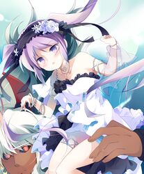  armlet asterios_(fate/grand_order) bare_shoulders black_ribbon black_sclera blush bracelet carrying collarbone corsage dress euryale eyebrows eyebrows_visible_through_hair fate/grand_order fate/hollow_ataraxia fate_(series) female flower frilled_dress frills hairband horns jewelry llaoi_h lolita_fashion lolita_hairband long_hair necklace purple_eyes purple_hair red_eyes ribbon ribbon_trim sitting_on_shoulder size_difference straight twintails white_hair 