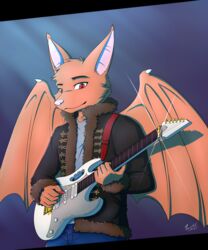  5:6 5_fingers absurd_res anthro bat brazil fingers guitar hi_res ibanez_jem mammal musical_instrument pink_nose playing_guitar playing_music plucked_string_instrument raven-ark red_eyes smile solo string_instrument wings 