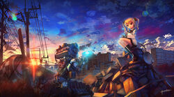  :o bad_id bad_pixiv_id blonde_hair city cloud female flower from_ground glowing grass highres ize junk lens_flare original outdoors petals power_lines propeller robot rubble satellite_dish scenery sitting sky solo string string_of_fate sunset twintails 