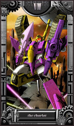  1980s_(style) assault_visor beam blitzwing cannon caterpillar_tracks commentary_request decepticon denchuu_88 gears glowing ground_vehicle gun highres mecha no_humans photoshop_(medium) retro_artstyle robot science_fiction screw smile smirk star_(sky) sword tarot tarot_(medium) the_chariot_(tarot) transformers transformers:_generation_1 weapon 