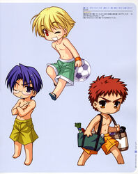  3boys absurdres ball barefoot black_(artist) blonde_hair blue_hair blush chibi emiya_shirou fate/stay_night fate_(series) gilgamesh_(fate) glasses highres male_focus male_swimwear multiple_boys one_eye_closed orange_hair red_eyes red_hair ryuudou_issei sandals soccer_ball spring_onion swim_trunks telstar topless_male yellow_eyes 