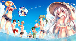  5boys 5girls amamiya_hibiya asahina_hiyori ball beachball bikini black_hair blonde_hair blue_hair brown_hair commentary_request denim denim_shorts ene_(kagerou_project) food fruit green_hair hand_on_headwear hat headphones highres jacket kagerou_project kano_shuuya kido_tsubomi kisaragi_momo kisaragi_shintarou konoha_(kagerou_project) kozakura_marry long_hair male_swimwear multiple_boys multiple_girls navel no_shirt ocean open_clothes open_jacket outdoors photoshop_(medium) ponytail red_eyes seto_kousuke short_hair shorts side_ponytail sun_hat swim_trunks swimsuit teka topless_male track_jacket twintails watermelon white_hair 