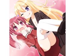  2girls ;) ;q black_legwear blonde_hair blush breasts carrying cleavage clenched_hands formal game_cg hair_ribbon houraisen_rena kani_biimu long_hair medium_breasts multiple_girls oda_nanami one_eye_closed open_mouth pantyhose princess_carry purple_eyes red_hair ribbon school_uniform shoes skirt skirt_suit smile sono_hanabira_ni_kuchizuke_wo sparkle st._michael&#039;s_school_uniform suit sweat thighhighs tongue tongue_out twintails white_legwear 