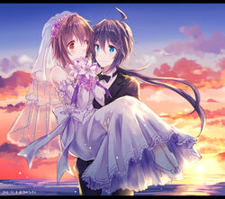  2girls black_hair blue_eyes brown_hair furutaka_(kantai_collection) kabocha_torute kako_(kantai_collection) kantai_collection multiple_girls princess_carry wedding_dress yuri 