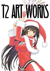  ;d black_hair blush breasts confetti cross female hat kilmaria_aideen large_breasts long_hair looking_at_viewer no_bra one_eye_closed open_mouth party_popper photoshop_(medium) red_eyes santa_costume santa_hat shining_(series) shining_ark smile solo tony_taka 