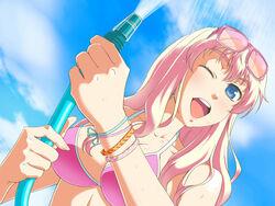  :d ;d bikini blue_eyes bracelet commentary_request eyewear_on_head female glasses hose jewelry long_hair macross macross_frontier nishiwaki one_eye_closed open_mouth pink-framed_eyewear pink_bikini pink_hair sheryl_nome smile solo sunglasses swimsuit upper_body 