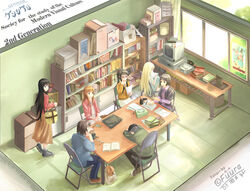  2boys 5girls bag book bookshelf box chair clubroom commentary crossdressing english_commentary english_text engrish_text fuura game_console genshiken glasses hato_kenjirou highres indoors kuchiki_manabu kujibiki_unbalance magazine_(object) multiple_boys multiple_girls ogiue_chika ohno_kanako otaku otaku_room otoko_no_ko poster_(medium) ranguage sega_saturn signature sitting skirt sleeping susanna_hopkins table television typo yajima_mirei yoshitake_rika 