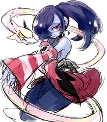  bare_shoulders blue_hair blue_skin breasts colored_skin commentary_request detached_collar detached_sleeves eyelashes female hair_over_one_eye half-closed_eyes large_breasts leviathan_(skullgirls) long_hair long_skirt looking_at_viewer notoro red_eyes side_ponytail skeletal_hand skirt skull skullgirls squigly_(skullgirls) stitched_mouth stitches striped striped_sleeves white_background yellow_eyes zombie 