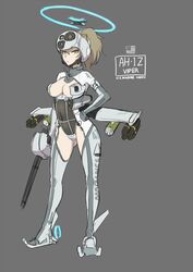  ah-1z_viper aircraft american_flag ass_visible_through_thighs breasts brown_hair cleavage commentary_request covered_navel dark_background female gun helicopter helmet large_breasts leotard mecha_musume mikoyan military military_vehicle missile_pod original personification ponytail revealing_clothes rotor rudder_footwear simple_background solo weapon wings yellow_eyes 