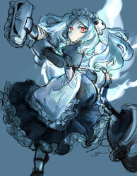  apron bloody_marie_(skullgirls) blue_background blue_fire commentary_request female fire hair_ornament holding looking_at_viewer maid maid_headdress mary_janes notoro red_eyes shoes skull skullgirls solo teeth twintails vacuum_cleaner white_hair 