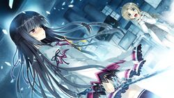  black_hair game_cg glasses ishibashi_misa kamishiro_touko koiken_otome long_hair seifuku sword tateha weapon 