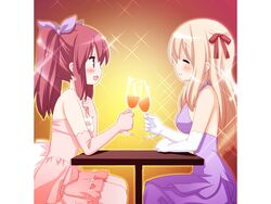  2girls :d blonde_hair blush closed_eyes cup dress drinking_glass formal game_cg gloves hair_ribbon kani_biimu long_hair matsubara_yuuna multiple_girls oda_nanami open_mouth pink_dress pink_gloves profile purple_dress red_hair ribbon smile sono_hanabira_ni_kuchizuke_wo sparkle table toasting_(gesture) twintails white_gloves wine_glass 