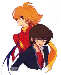  2boys akiyama_enma bad_id bad_pixiv_id black_eyes black_hair brown_eyes brown_hair commentary_request cyborg cyborg_009 cyborg_009_vs_devilman devilman eye_contact eyebrows fangs fudou_akira gakuran hair_over_one_eye looking_at_another male_focus multiple_boys scarf school_uniform shimamura_joe sideburns smile 