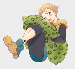  1boy bad_id bad_pixiv_id blush boots brown_eyes brown_hair floating full_body grey_background hugging_object jacket king_(nanatsu_no_taizai) looking_at_viewer male_focus nanatsu_no_taizai omari open_mouth pants photoshop_(medium) pillow pillow_hug shirt simple_background solo tattoo yawning 